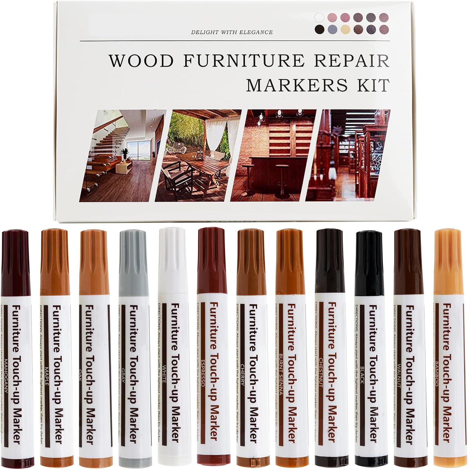 SEISSO New Upgrade Furniture Touch Up Markers 12 Colors front view wood repair kit