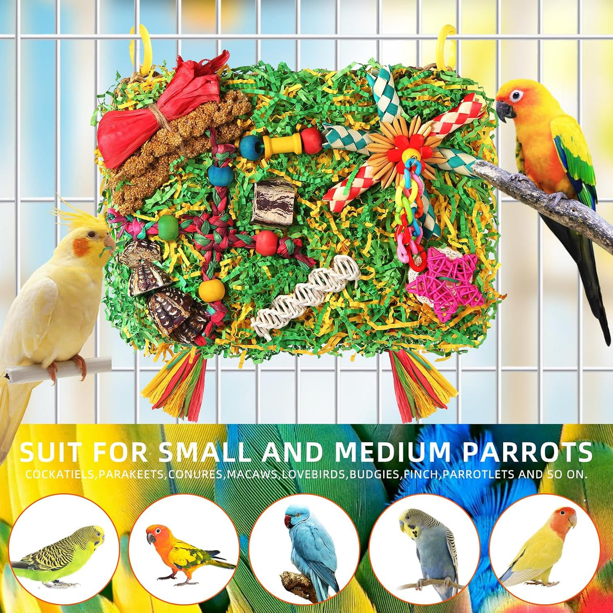 Parakeet shredder cage accessory with bamboo finger traps and rattan stars