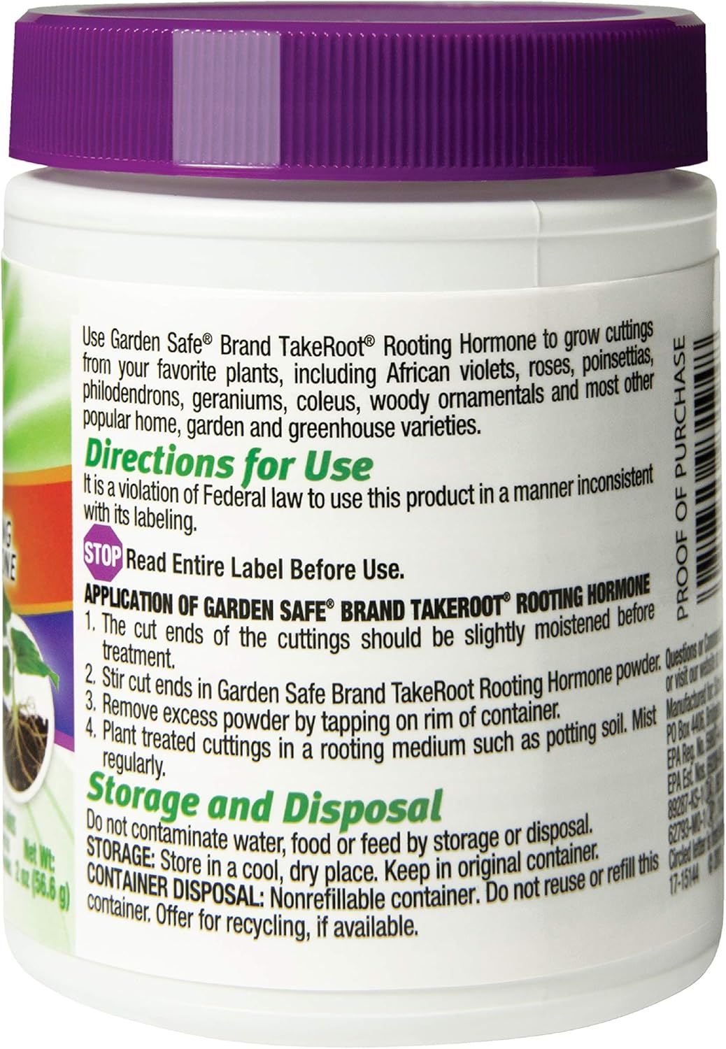 Garden Safe rooting powder jar container back label