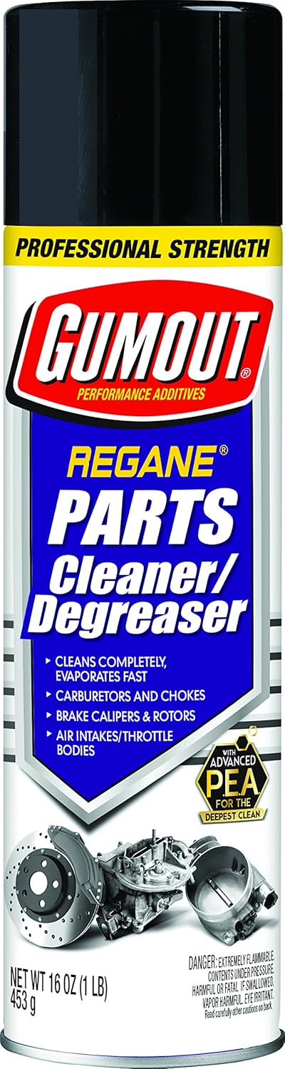 Gumout Regane Parts Cleaner and Degreaser front view of the fifteen fluid ounce aerosol can showcasing the professional strength formula.