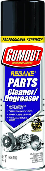 Gumout Regane Parts Cleaner and Degreaser front view of the fifteen fluid ounce aerosol can showcasing the professional strength formula.