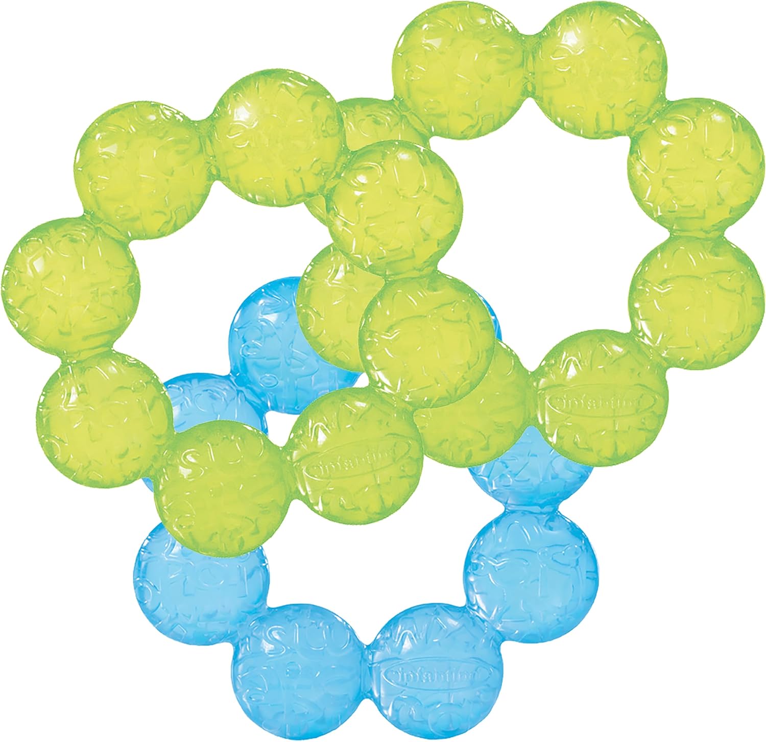 Infantino Water Teethers 3-Pack front view showcasing lime green and blue cooling rings for baby gum relief