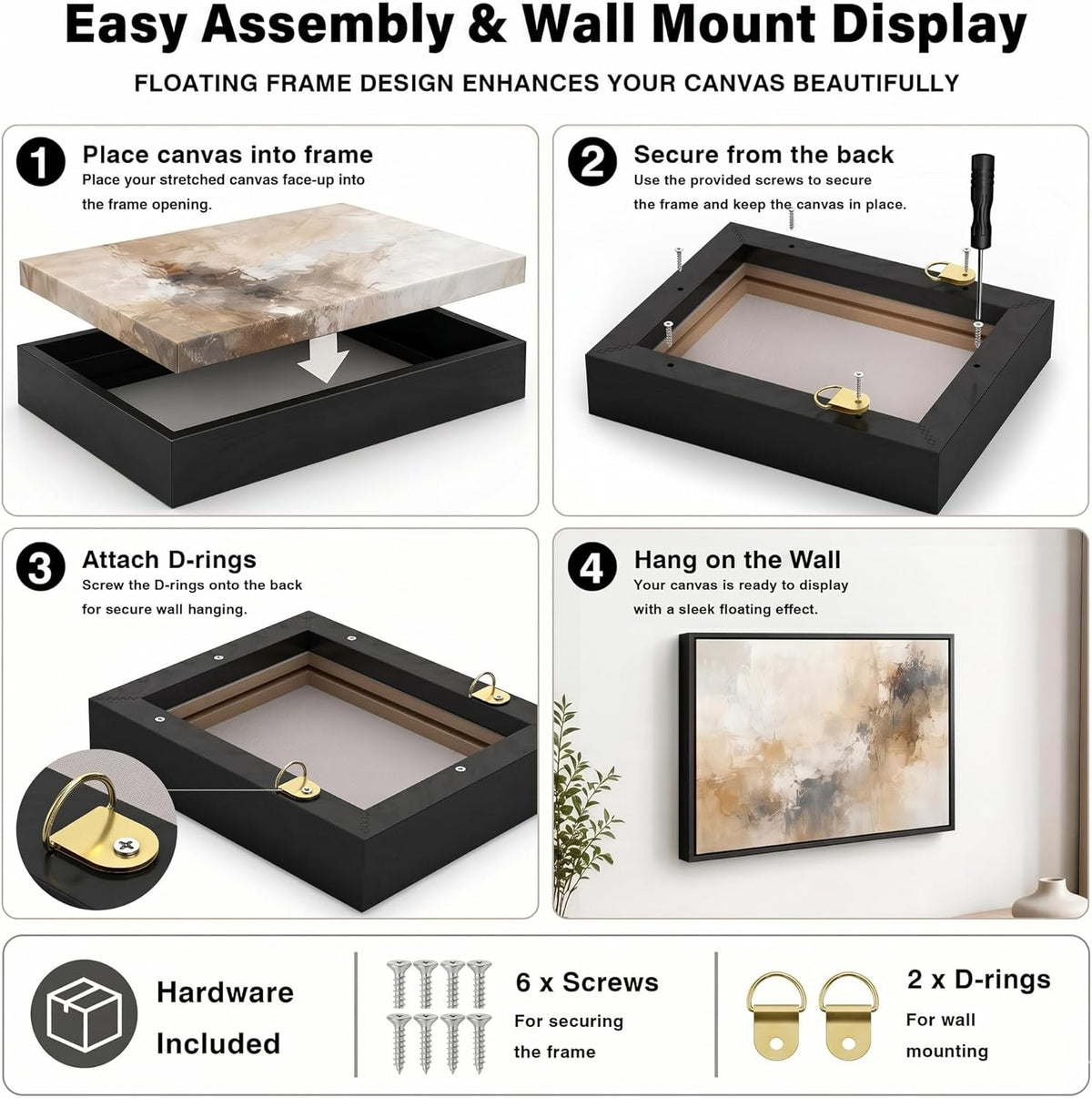 P&L Art canvas floater frame corner bracket and assembly detail