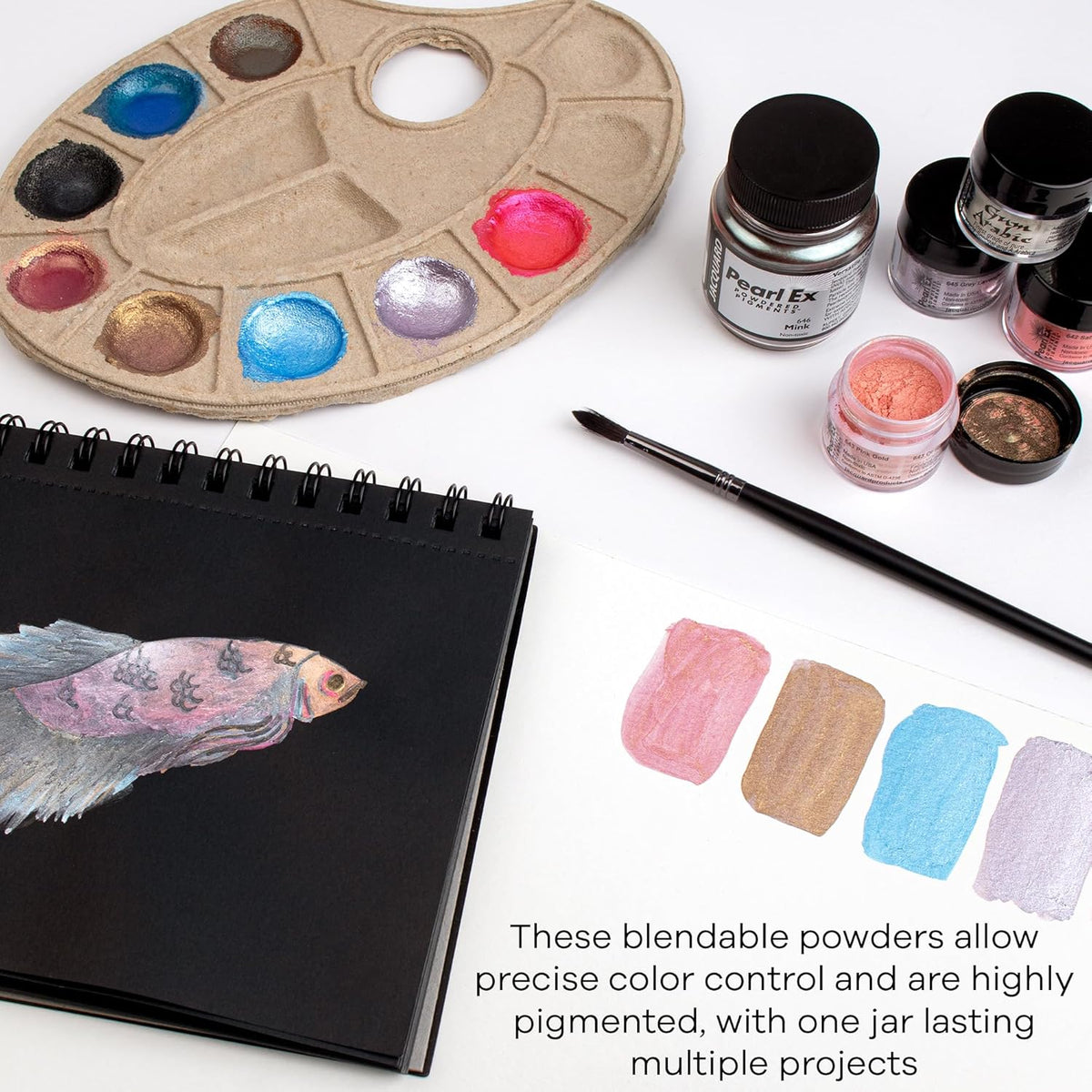 Jacquard Pearl Ex powdered pigment set displayed with art application samples