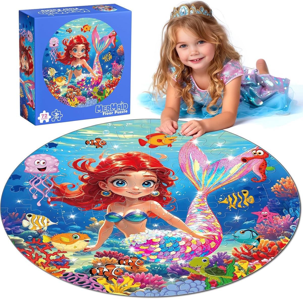 Rifamee shimmery jumbo mermaid floor puzzle front view educational kids toy