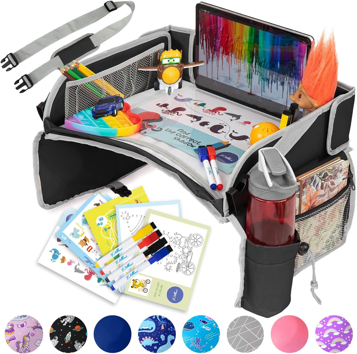 PILLANI kids travel tray for car front view showing black erasable drawing surface and mesh pockets