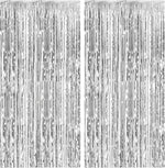 K.E.J. Silver Metallic Foil Fringe Curtains 2 Pack front view showcasing the shiny reflective tinsel strands for party decoration.