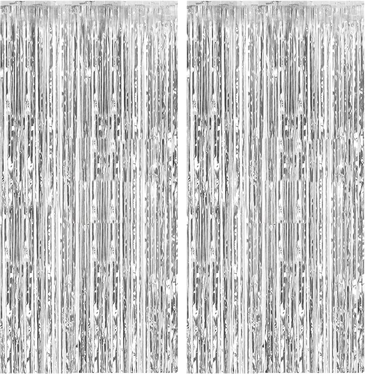 K.E.J. Silver Metallic Foil Fringe Curtains 2 Pack front view showcasing the shiny reflective tinsel strands for party decoration.