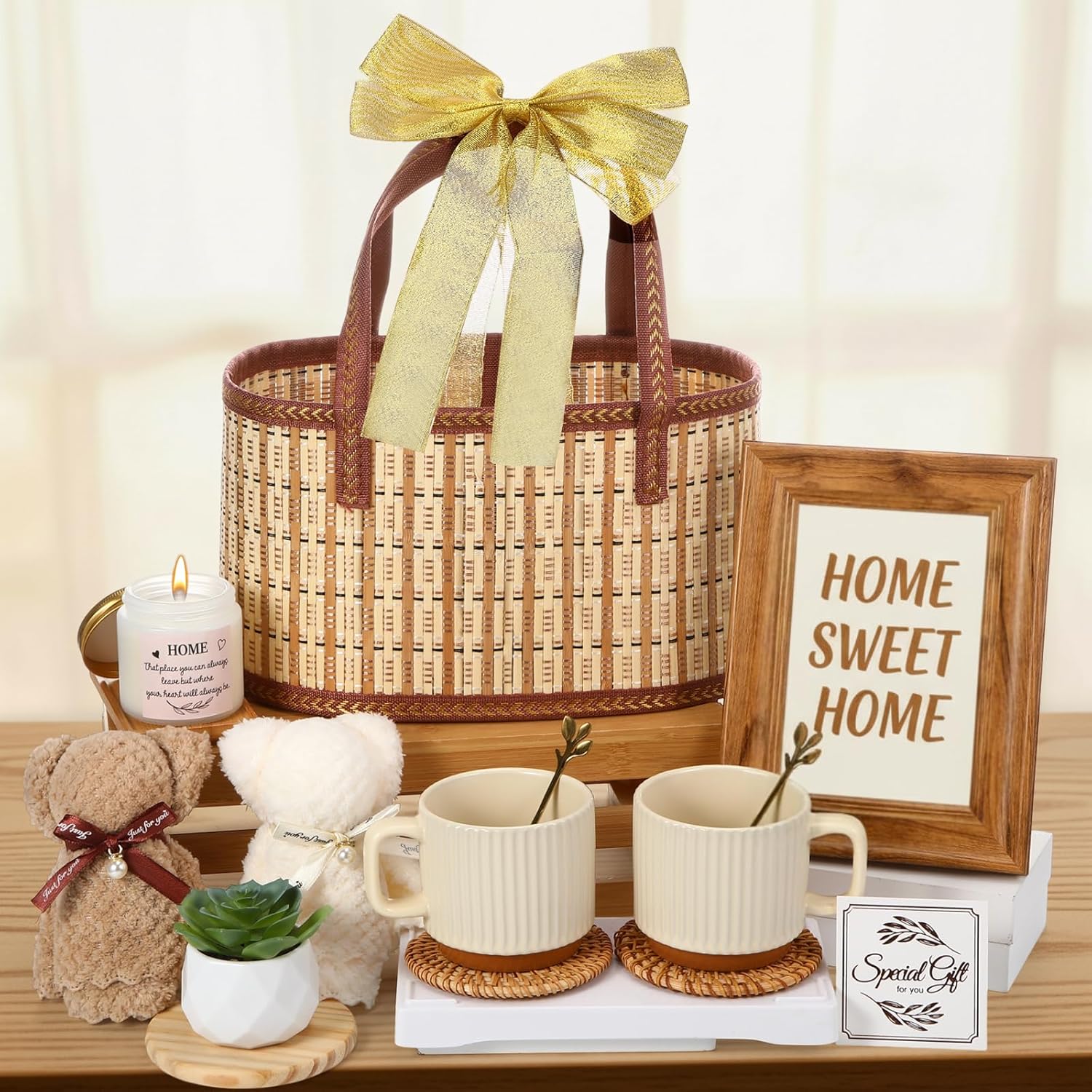 MY-ALVVAYS luxury housewarming gift basket front view with gold ribbon bow