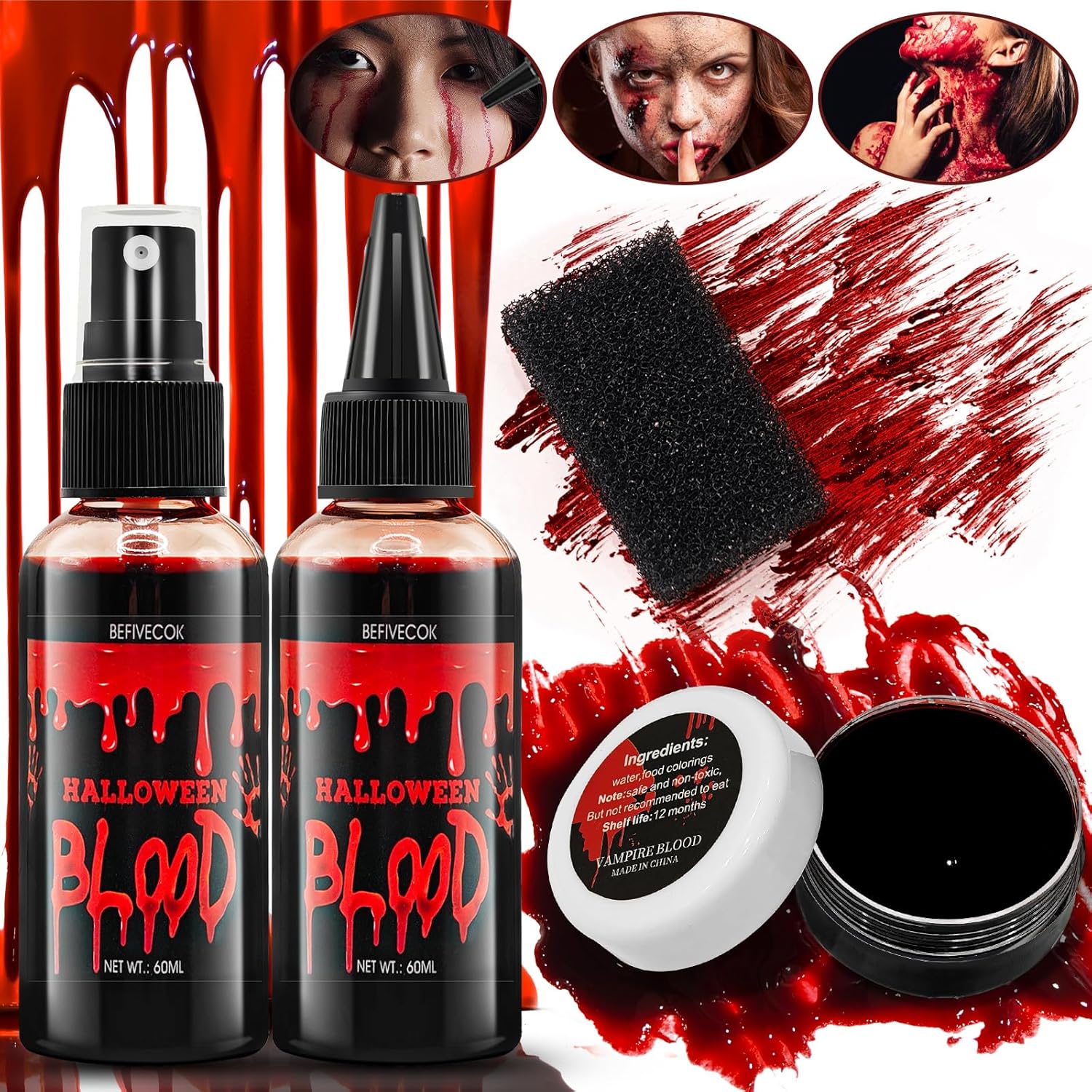 MEICOLY Halloween fake blood makeup kit front view with packaging box and bottles
