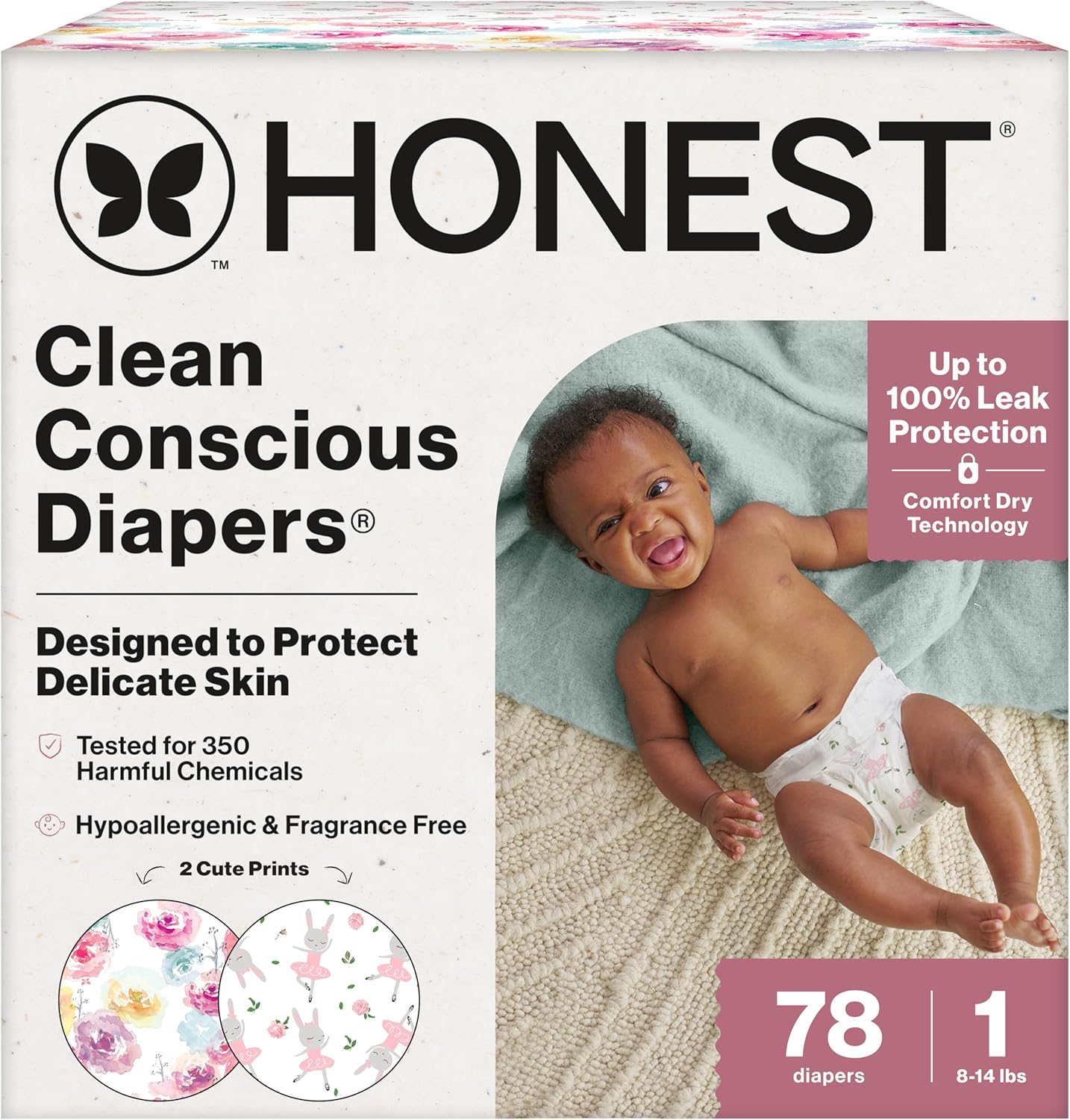 The Honest Company Comfort Dry Disposable Daytime Diapers for Sensitive Skin, Hypoallergenic, Rose Blossom + Tutu Cute, Club Box Size 1 (8-14 lbs), 78 Count - Image 1