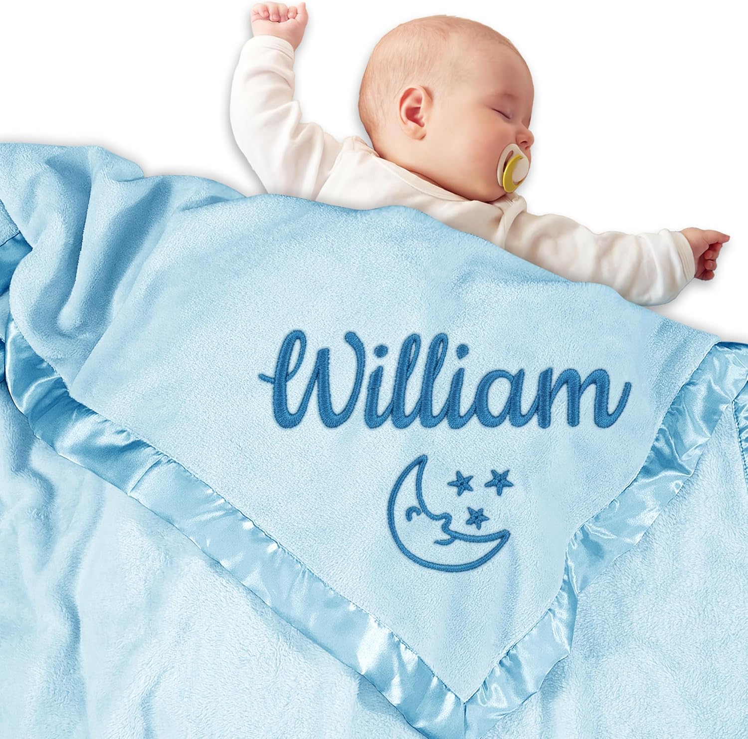 Seamaid personalized baby blanket front view showing custom blue flannel swaddle design