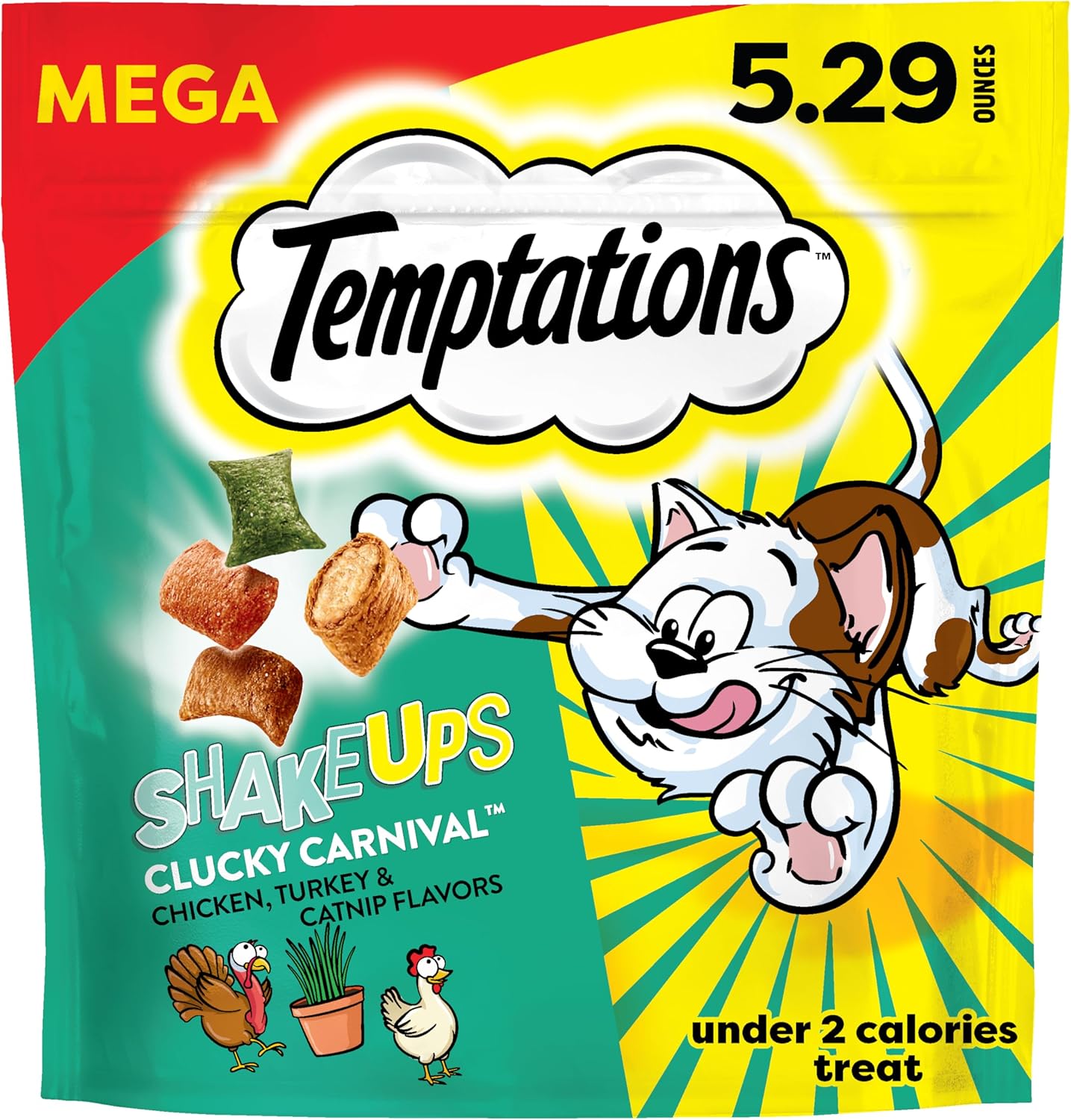 Temptations ShakeUps Clucky Carnival cat treats front view imported pet snacks