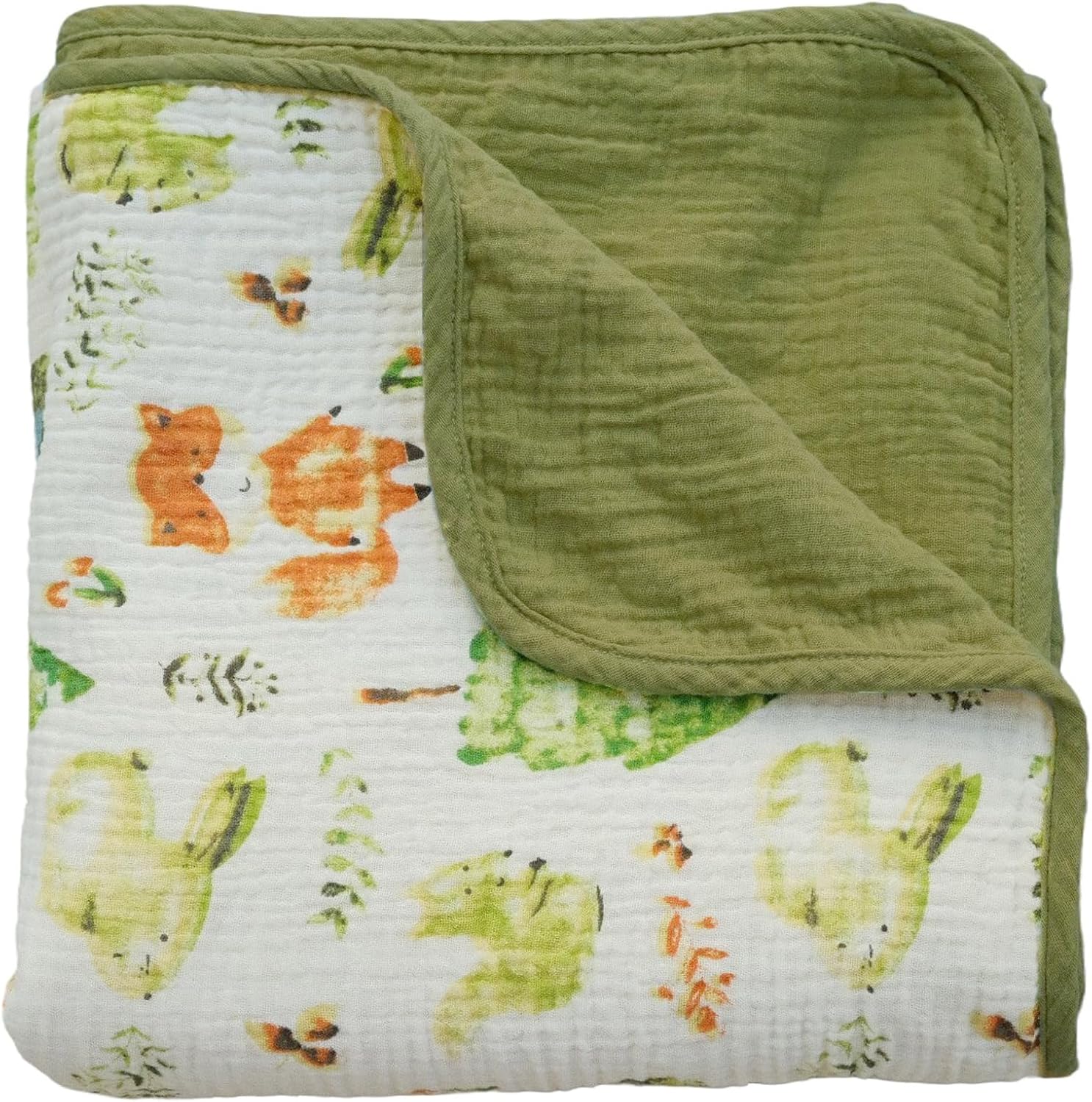 JoyTrek Muslin Baby Blanket front view showcasing the 100% cotton forest creatures pattern print