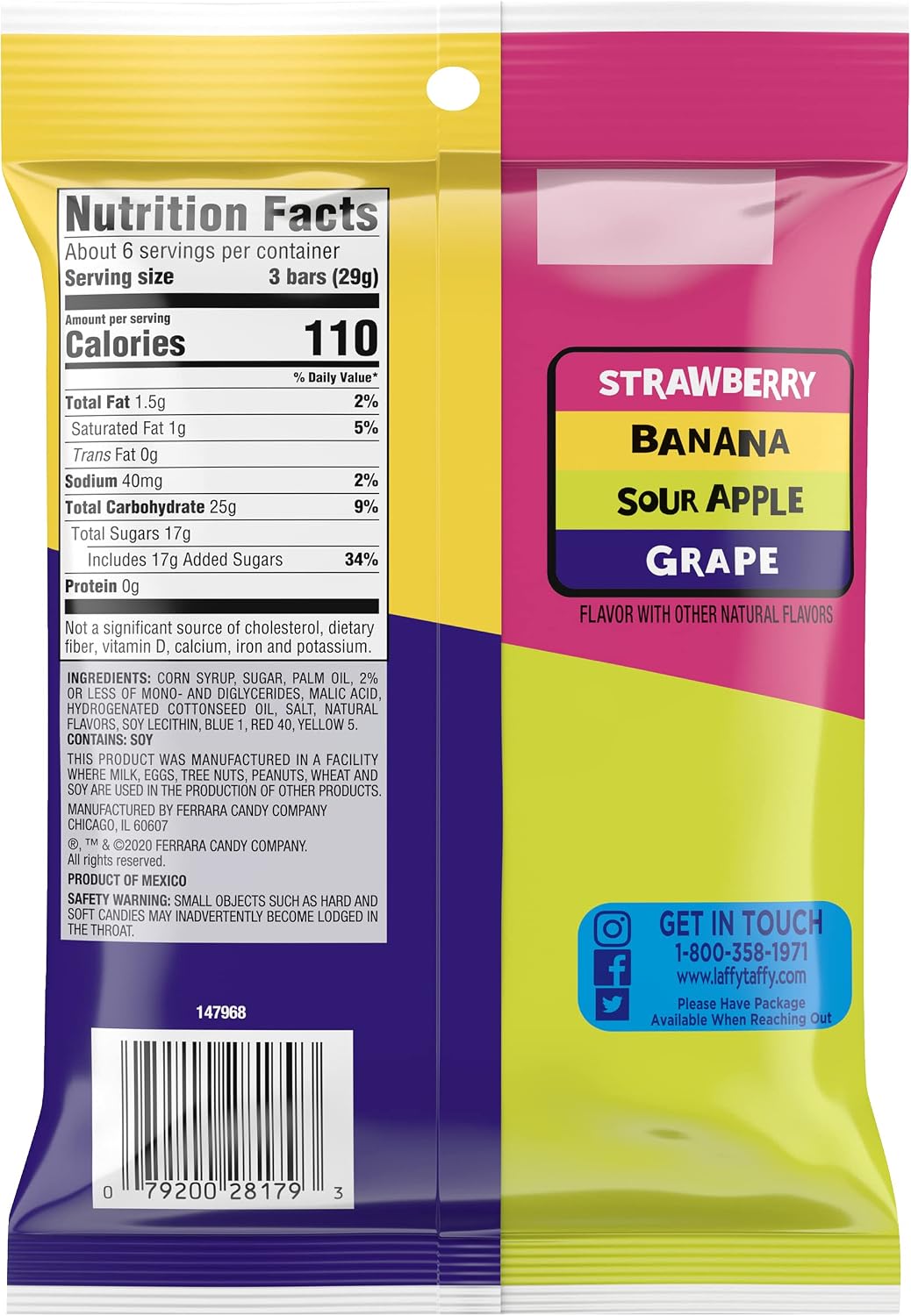Laffy Taffy individually wrapped mini bars in strawberry banana sour apple and cherry flavors
