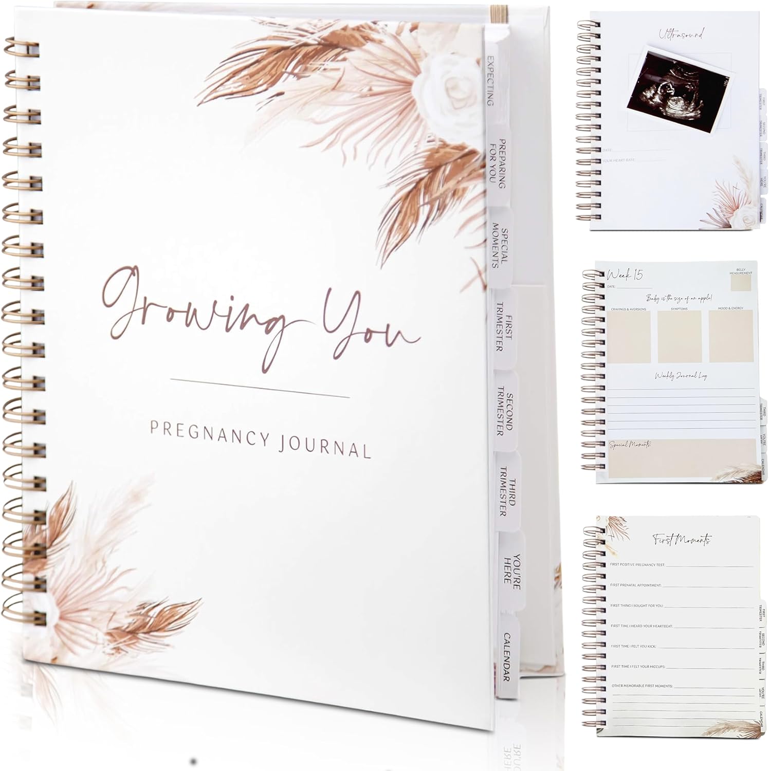Roux And Lou Boho Pregnancy Journal front view showing the elegant hardcover design and brown spiral binding.