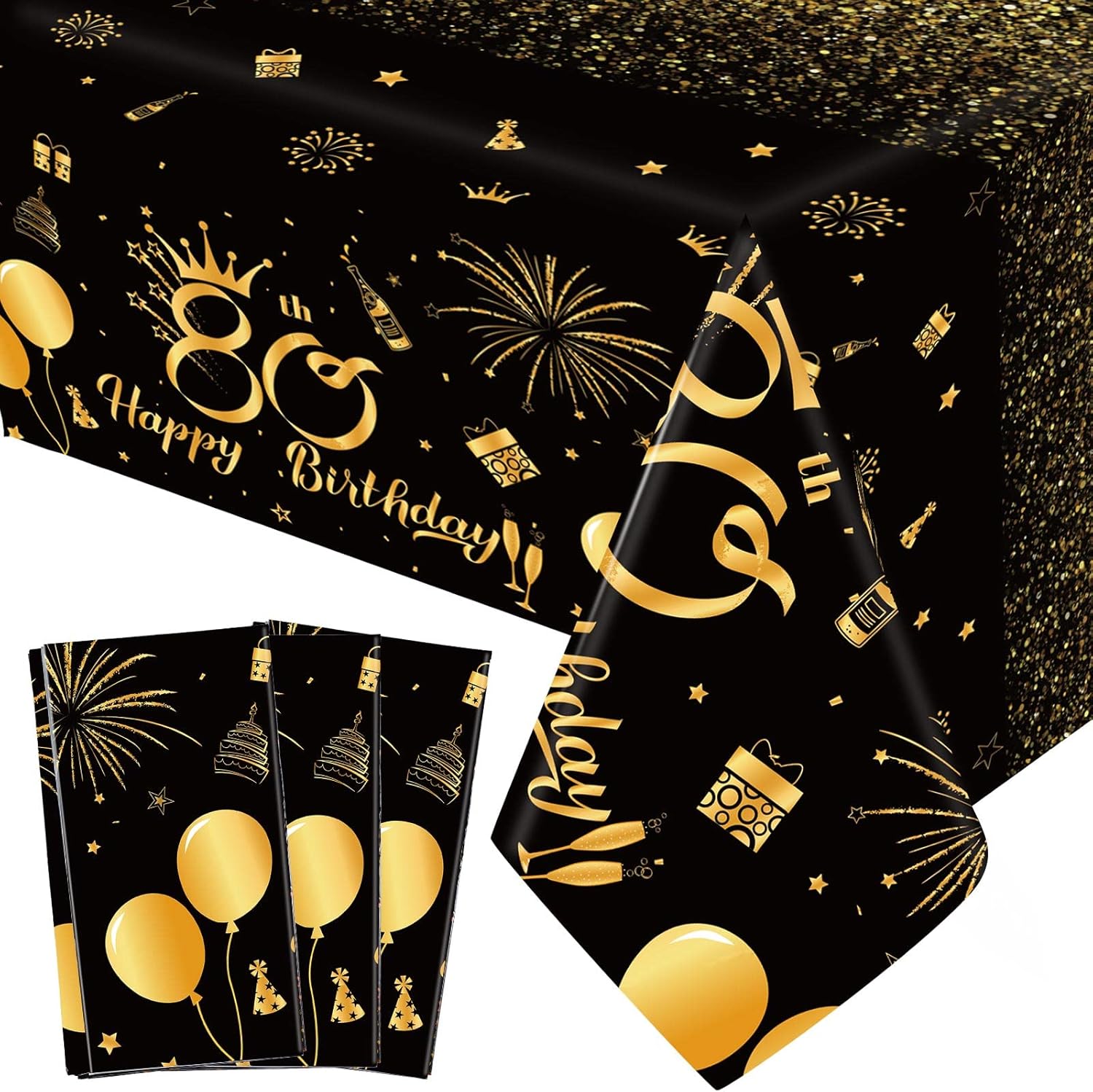 Remagr 80th birthday black and gold tablecloth front view