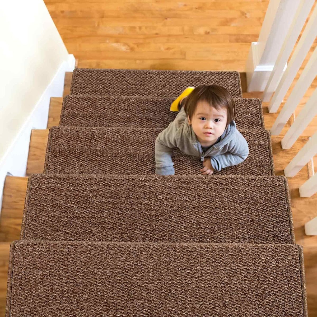 Camel brown stair rug showing protective bullnose edge