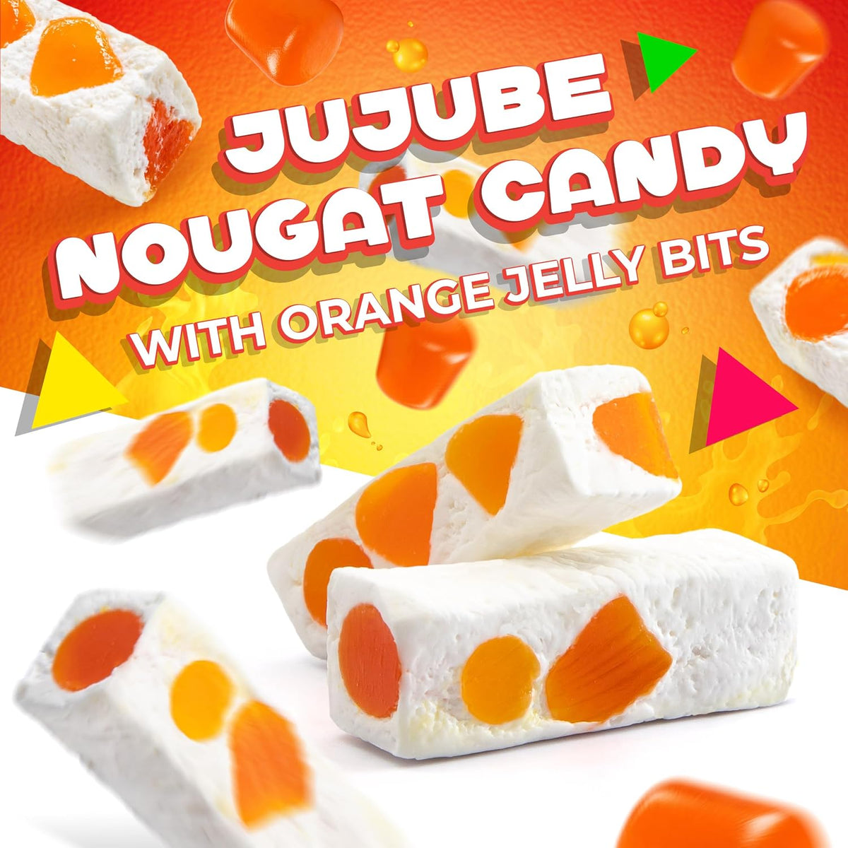 Assorted chewy fruit nougat pieces displayed open out of the nine ounce bag.