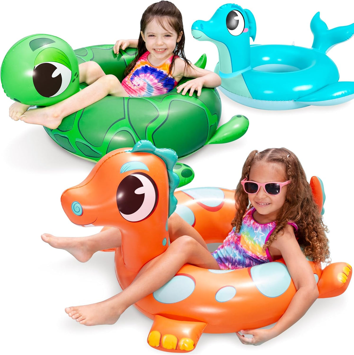 Sloosh 3 pack inflatable dinosaur sea turtle and dolphin pool tubes
