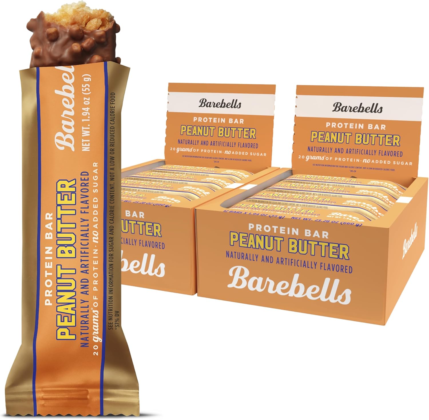 Barebells Protein Bars Peanut Butter front view of the package showcasing the twenty gram protein highlight.