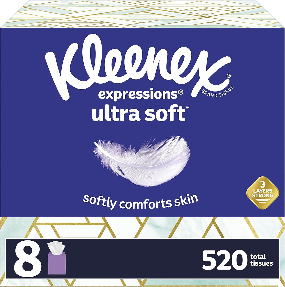 Kleenex Expressions Ultra Soft Facial Tissues 8 cube box pack front view for sensitive skin.