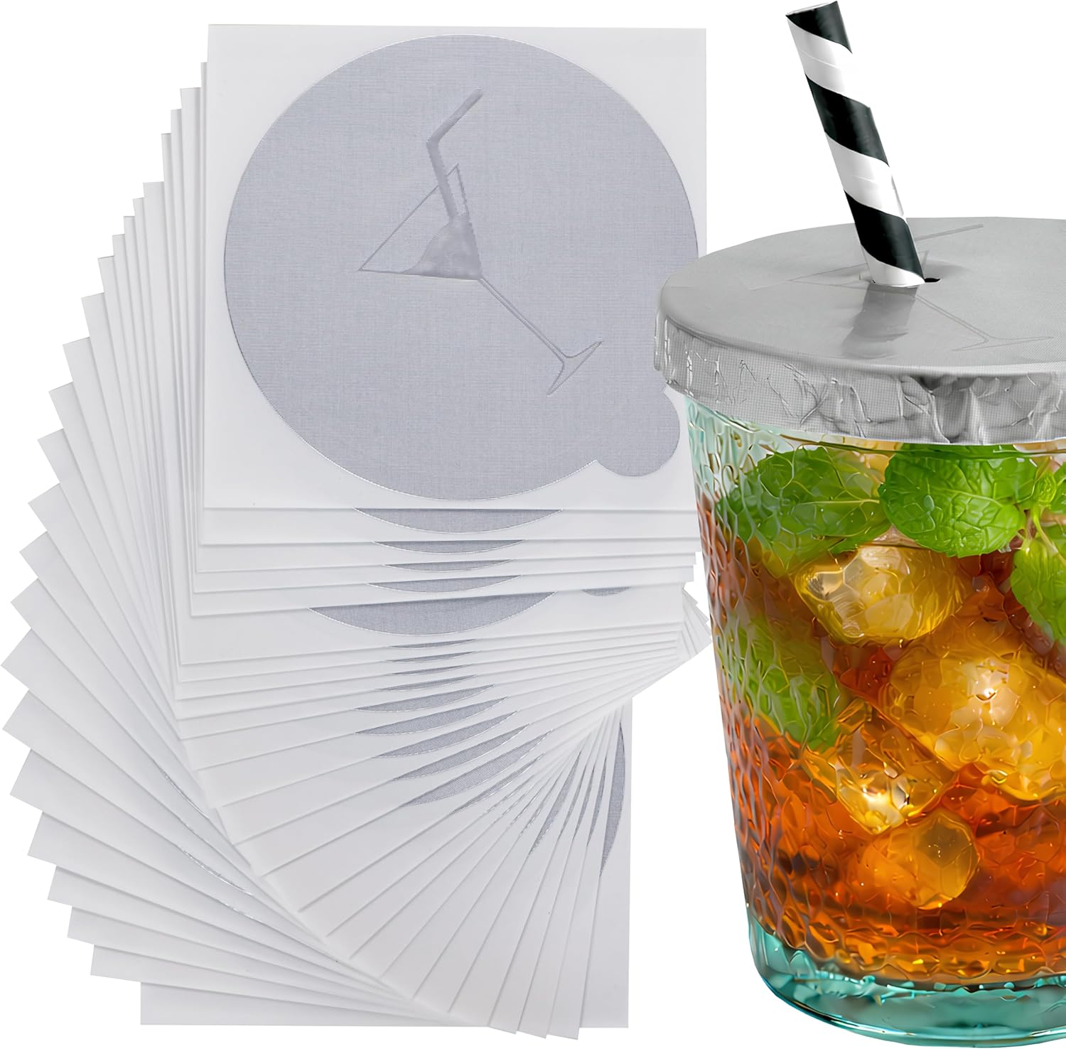 Granatan 75 Pack Disposable Aluminum Foil Drink Covers front view for drink spiking prevention.