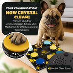 Eight recordable pet communication buttons arranged on a black non slip training mat.
