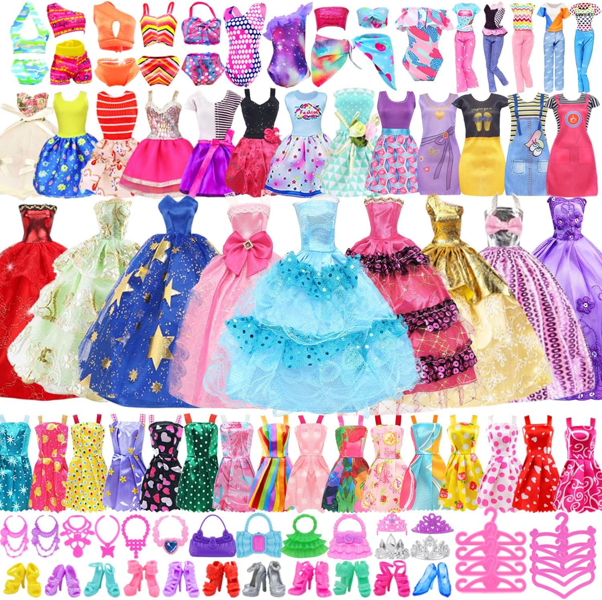 Ecore Fun 99 piece doll clothes and accessories set front view showing assorted colorful dresses and gowns.