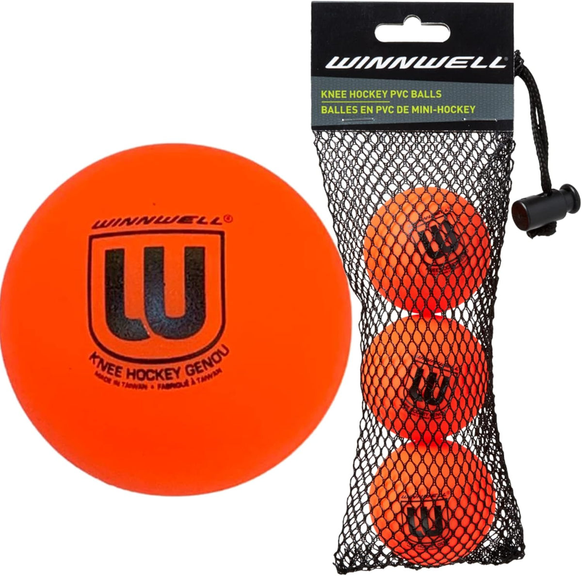 Winnwell Orange PVC Knee Hockey Balls Three Pack front view premium indoor floor training gear.