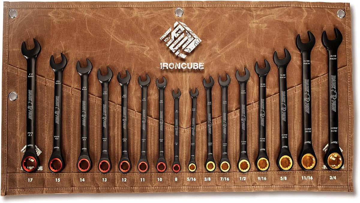 Ironcube ratcheting wrench set front view of black tools
