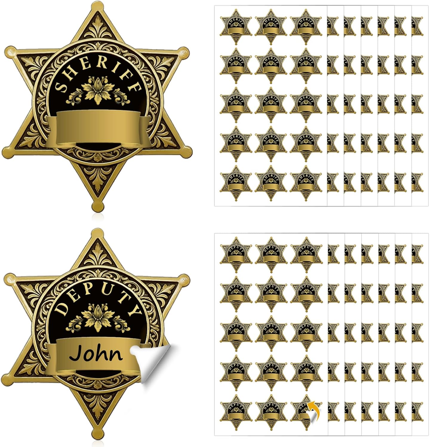 HKSZEH sheriff deputy badge stickers front view showing two styles of golden star name tags