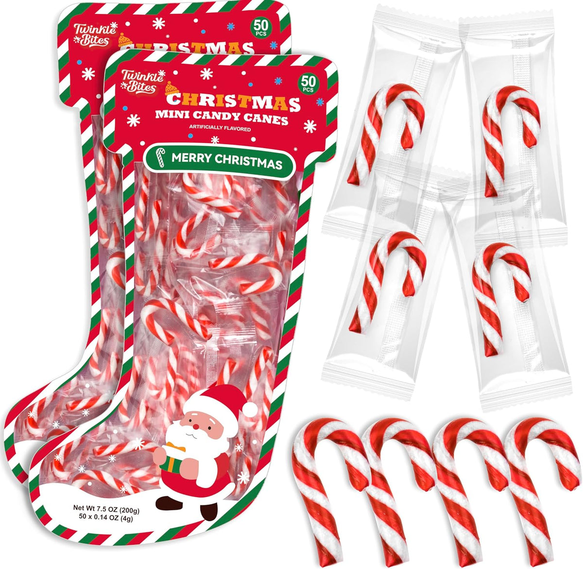 Twinkle Bites Christmas Mini Candy Canes front view showing festive Santa stocking packaging.