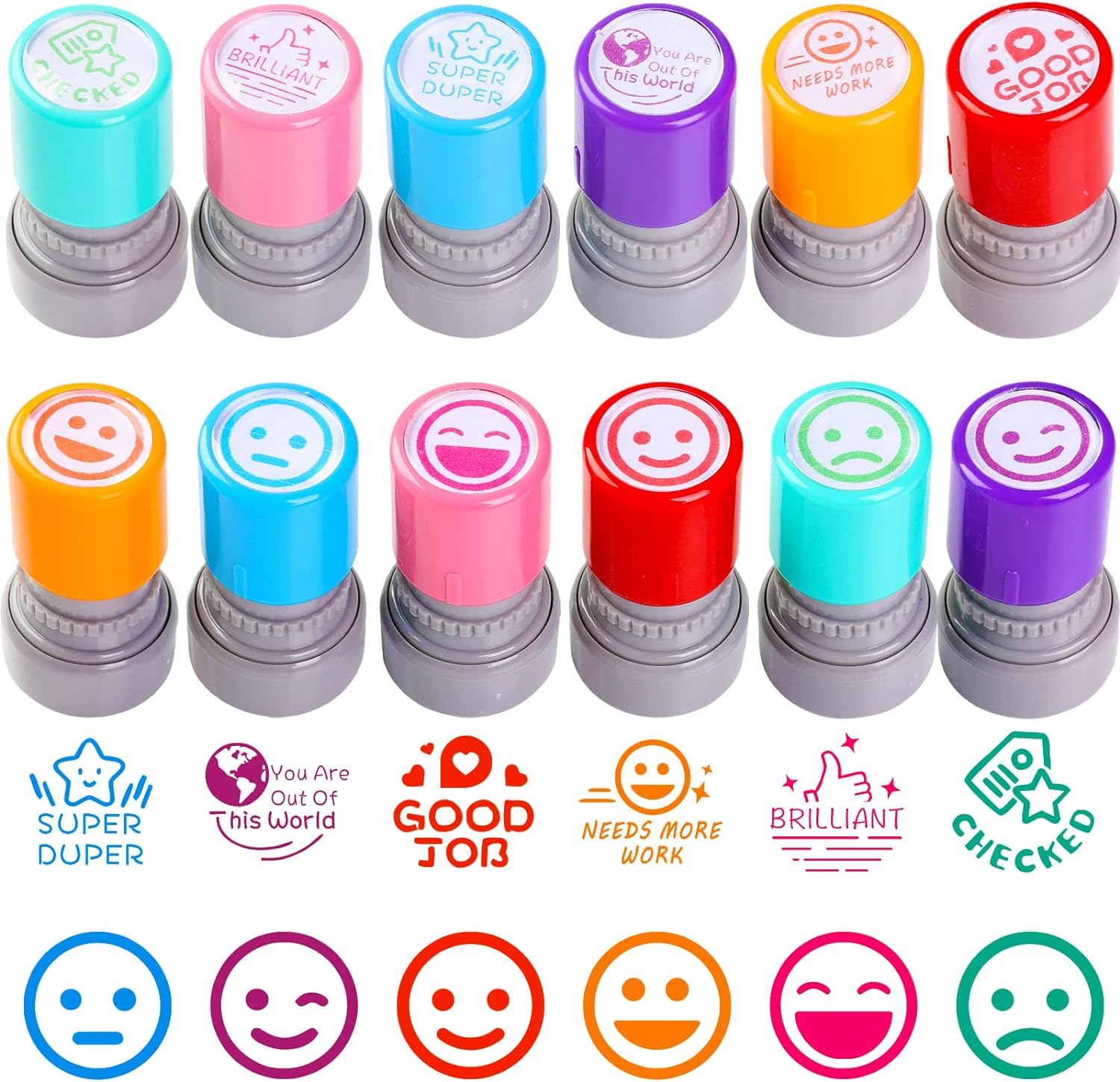 Retainbre 12 sorted teacher stamps set front view showing colorful individual casings with protective caps.