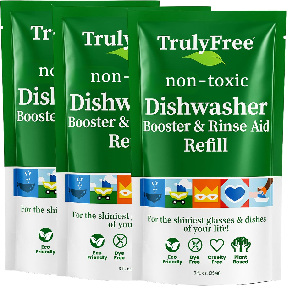Truly Free Natural Dishwasher Booster and Rinse Aid front view pack of three packaging
