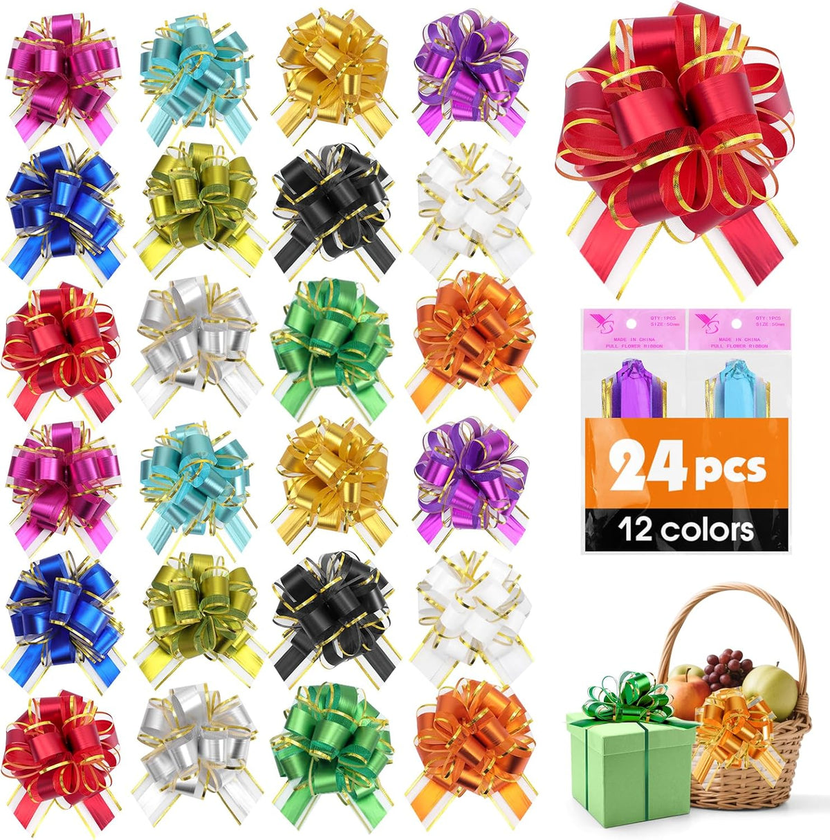 WWTIANFC pull bows for gift baskets front view showing expanded red ribbon with gold edge