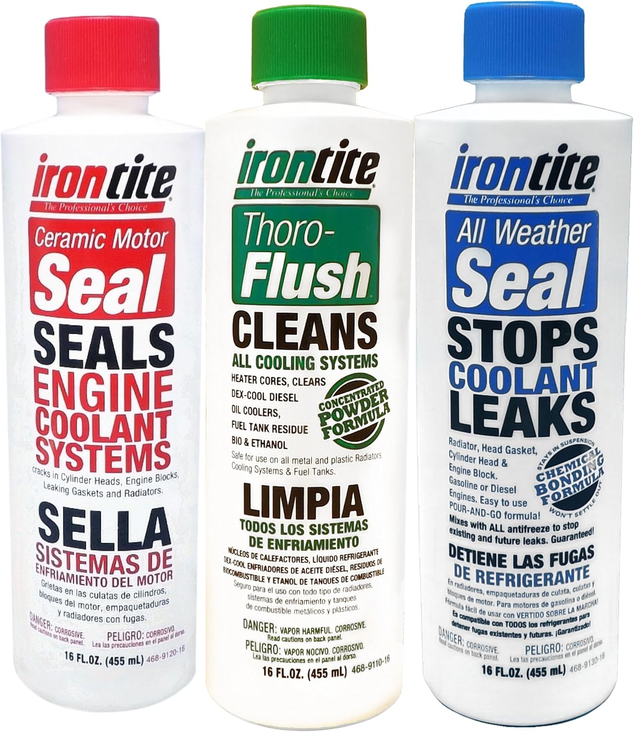 Irontite 3-Pack Cooling System Additives front view of premium engine repair kit