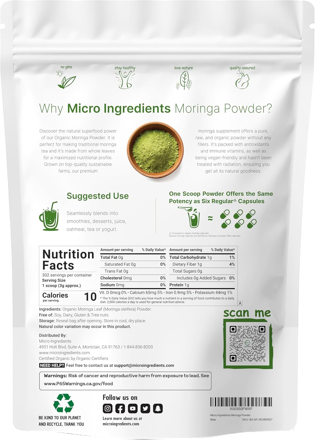 Micro Ingredients organic moringa leaf powder supplement nutritional facts label
