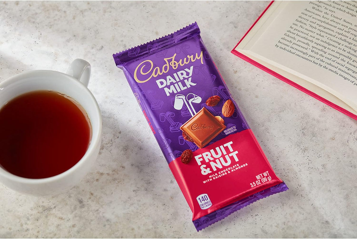 Authentic Cadbury Fruit and Nut chocolate bar nutritional facts side.