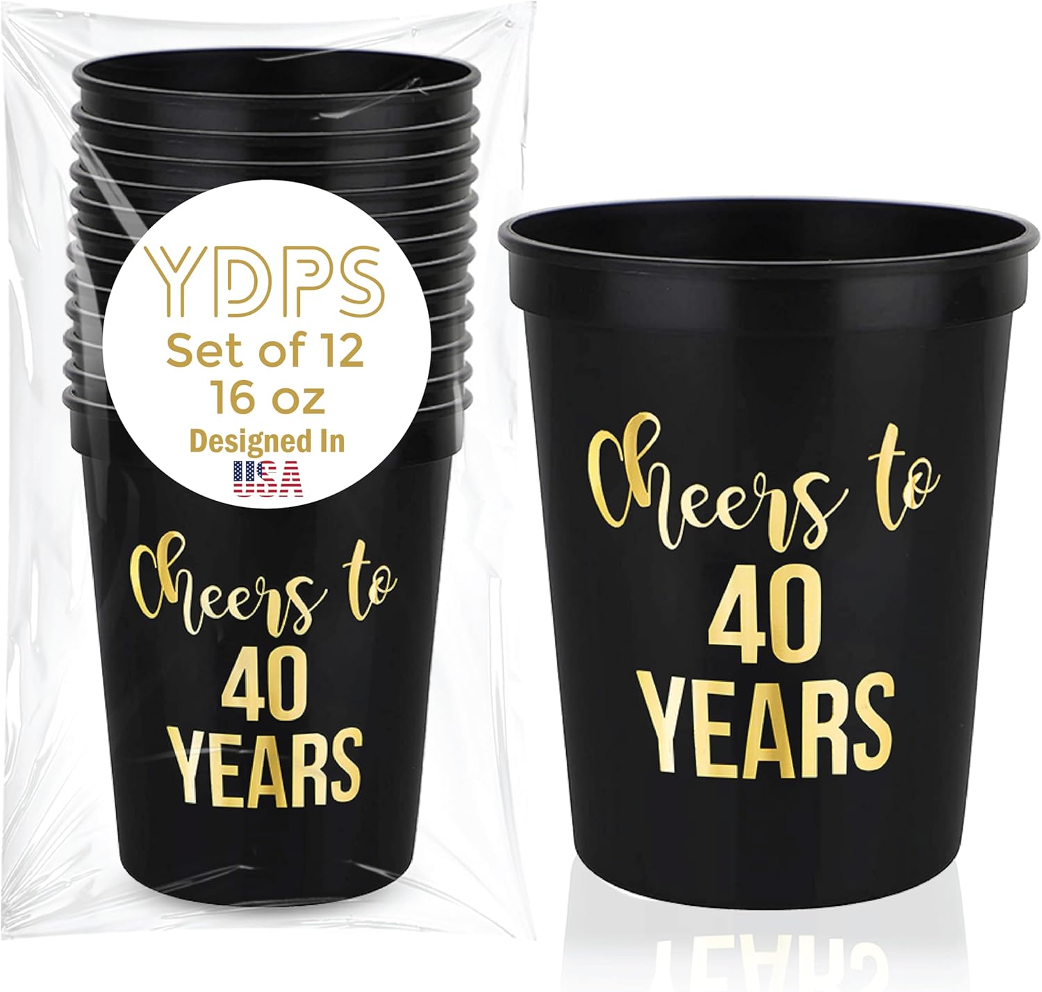 Your Dream Party Shop Cheers to 40 Years cups front view showing black plastic finish with yellow gold text