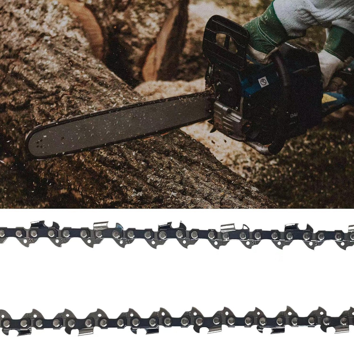 Two piece chainsaw chain set laid flat