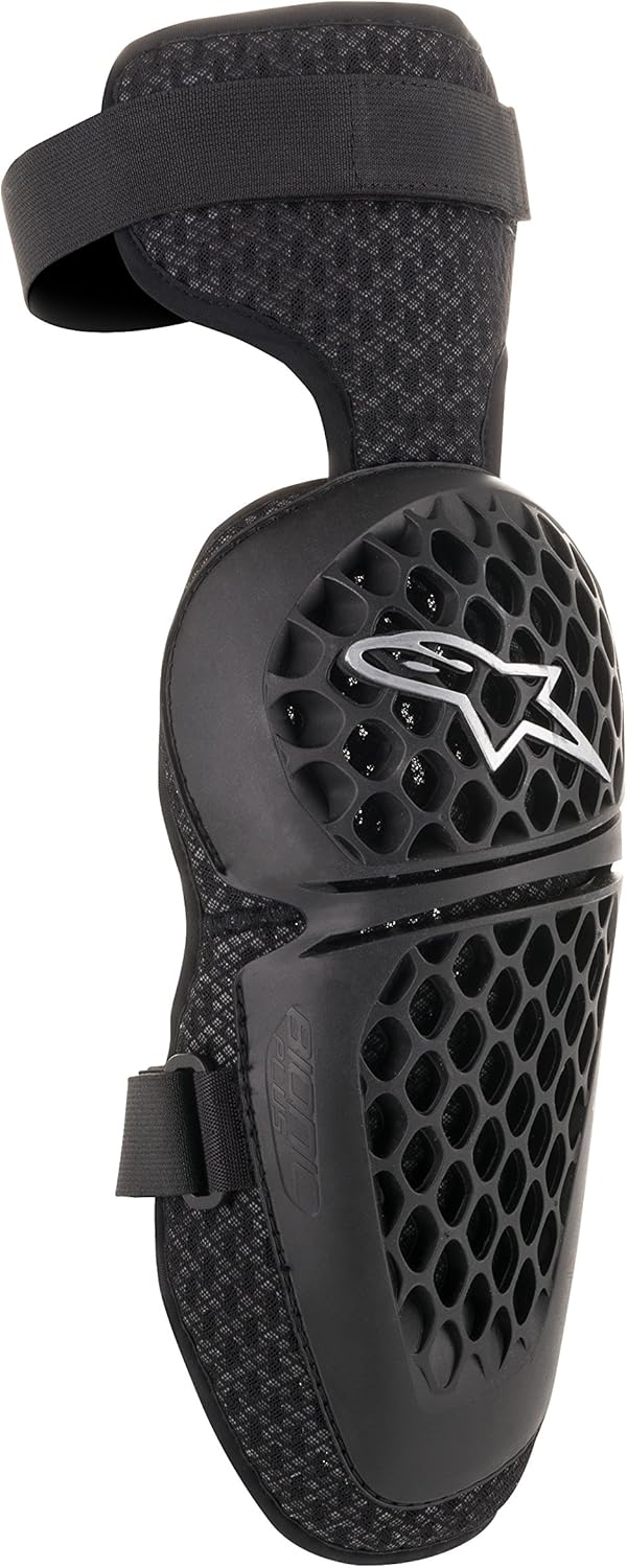Alpinestars Bionic Plus Knee Protector black front view displaying the ventilated honeycomb structure and asymmetrical shield.