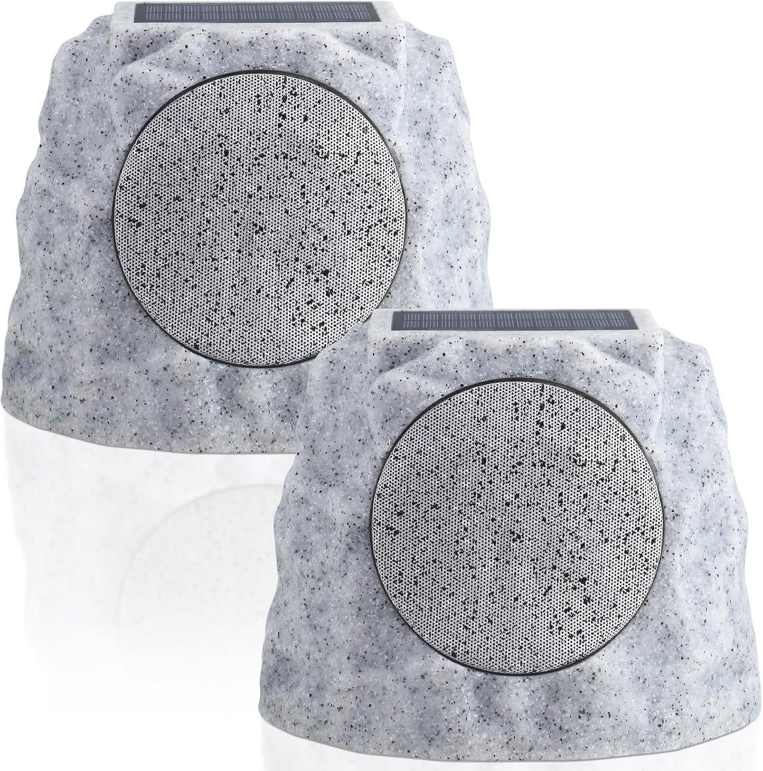 NiceBuy solar powered rock speakers outdoor front view highlighting gray speckled camouflage design