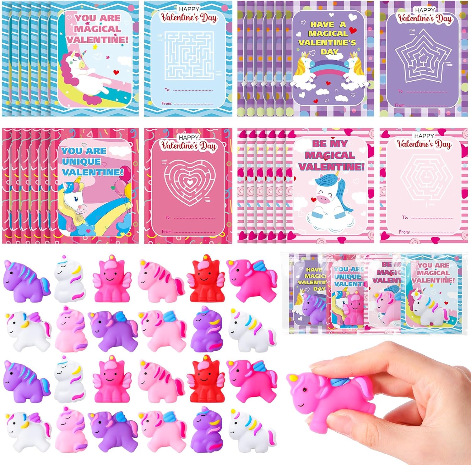 Seenelling unicorn Valentine gift cards front view showing complete stationery set