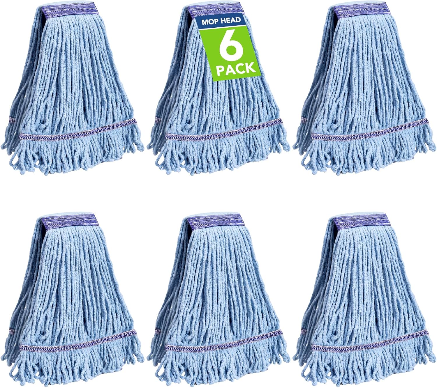 6 Pack Commercial Mop Head Replacement – Heavy Duty Mop Head for General and Floor Cleaning | Industrial Wet Mops | Washable Refill, Reusable, Looped End Mopheads | Hardwood, Concrete - Image 1
