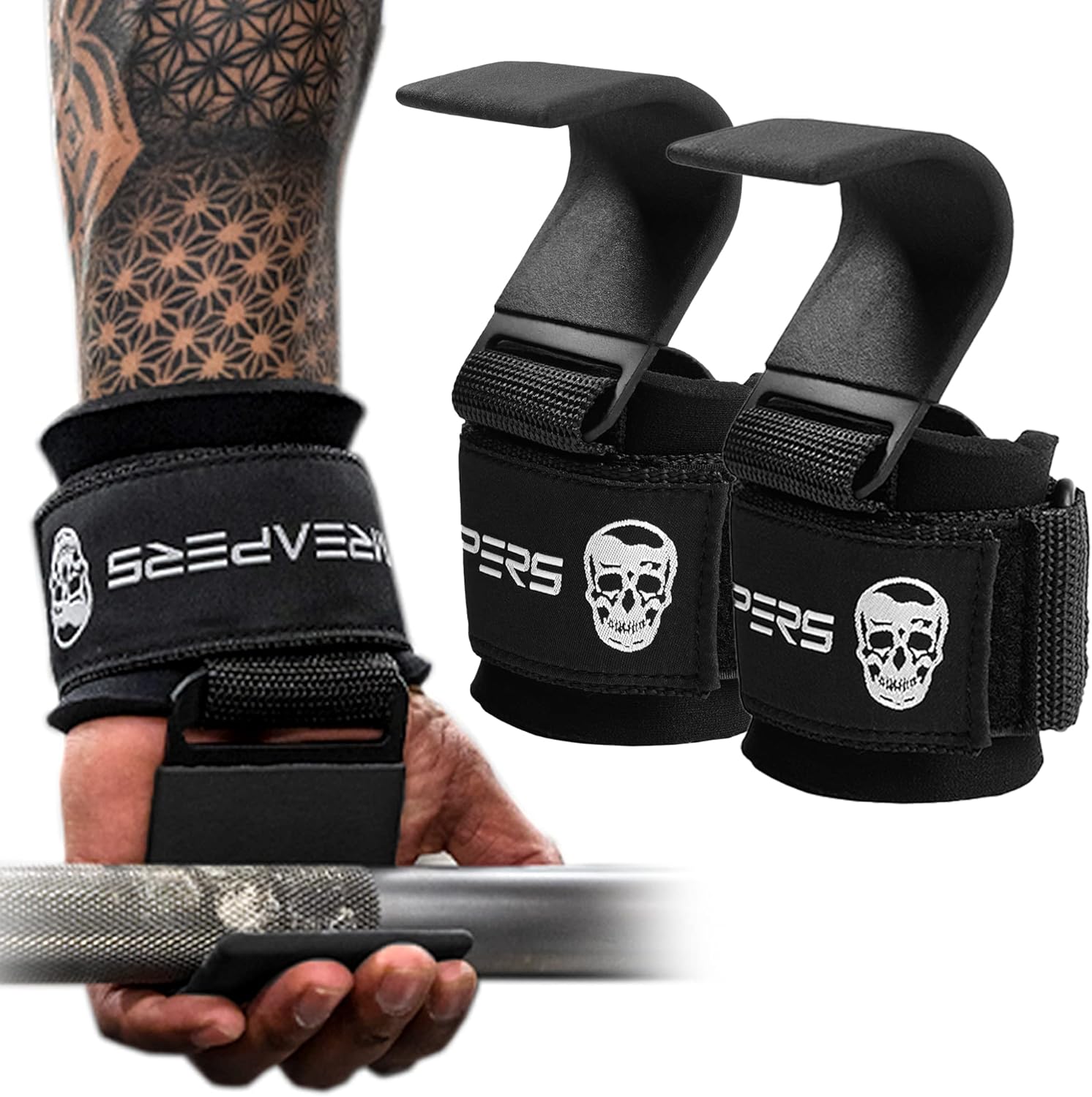 Gymreapers Weight Lifting Hooks (Pair), Heavy Duty Power Wrist Straps Hand Grip Support For Deadlifts, Pull Ups, Shrugs - Gym Gloves For Men and Women (Black) - Image 1