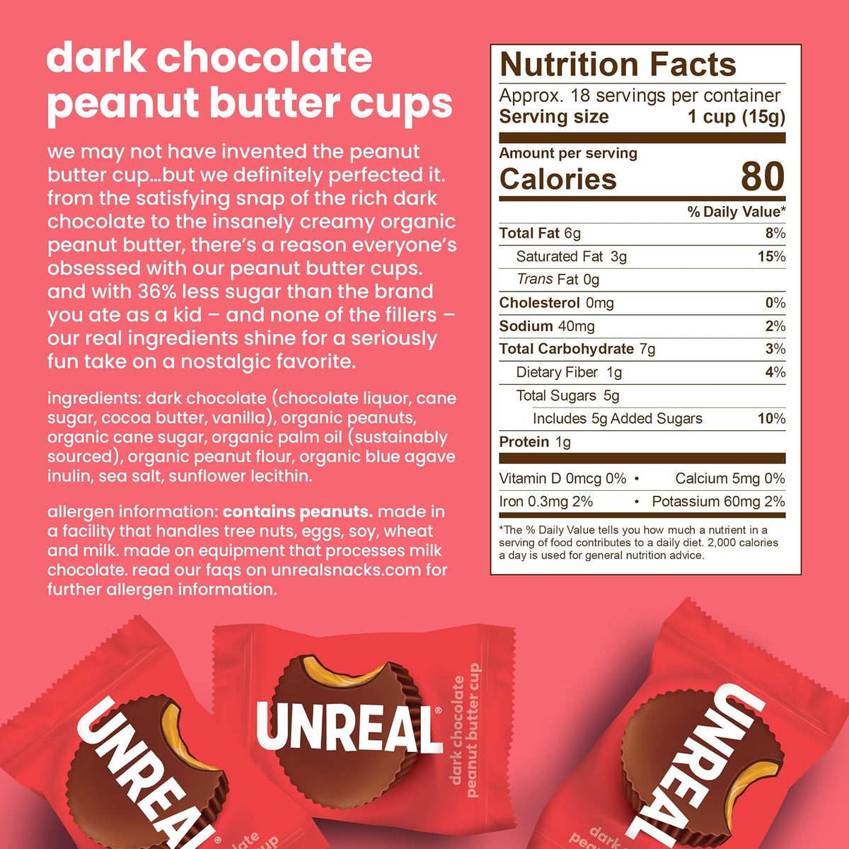 UNREAL vegan low sugar dark chocolate peanut butter cups package display