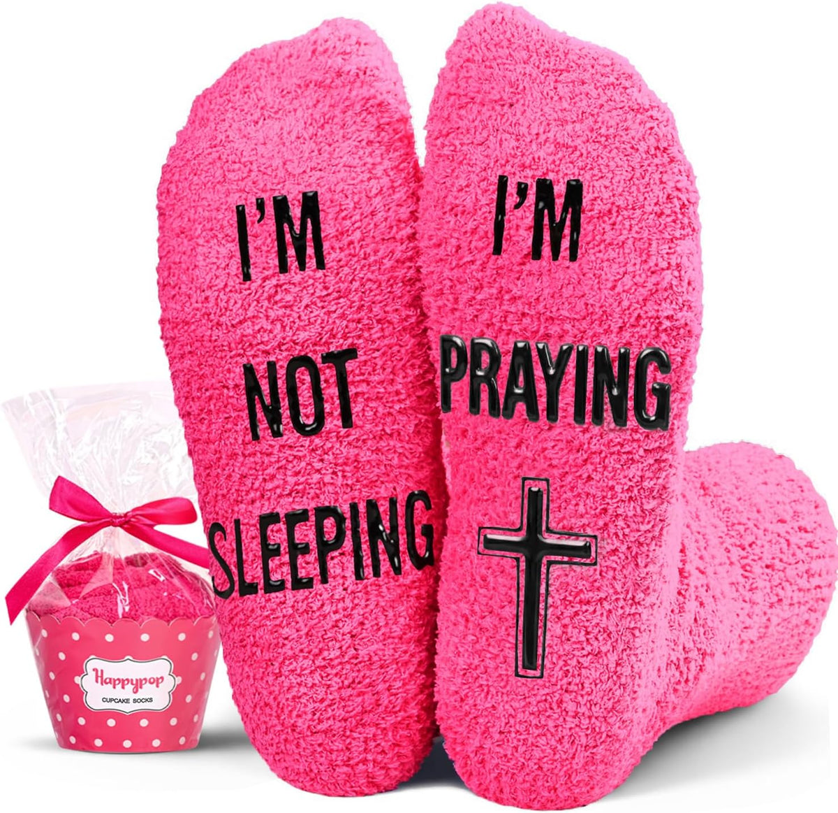HAPPYPOP Christian fuzzy socks front view showcasing dark pink color.