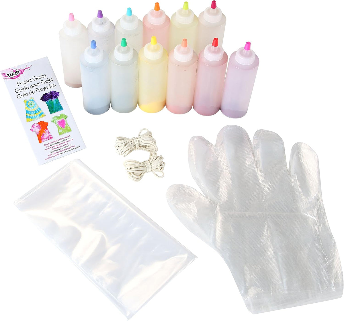 Tulip 12 color tie dye squeeze bottles arranged together