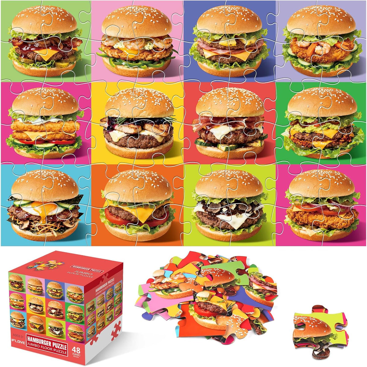 IFLOVE jumbo floor puzzle for kids front view showing forty eight piece hamburger layout